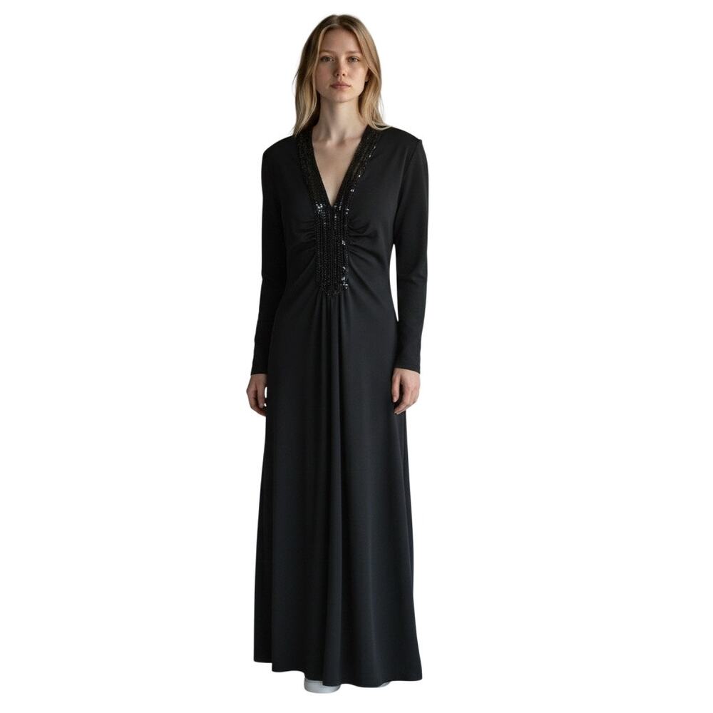 70s Black Sequin Disco Maxi Dress Miss Elliette California Glam Gown SM -